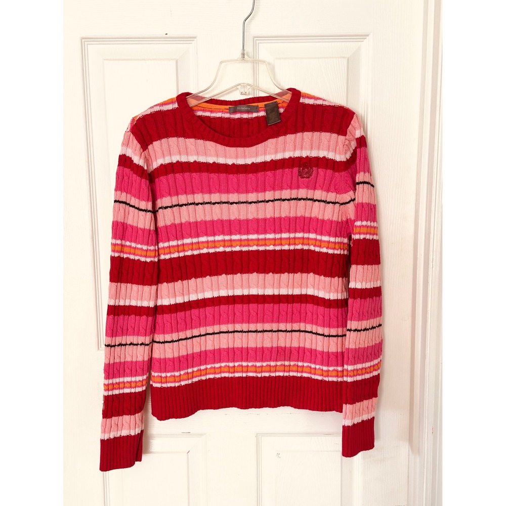 Liz Claiborne Womens XL Pink Red Striped Cable Knit 100% Cotton Sweater Crewneck